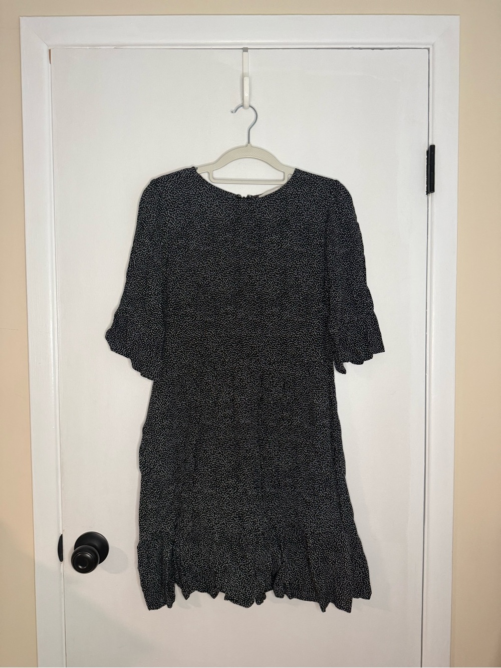 LOFT Black and White Microdot Ruffle-Hem Midi Dress